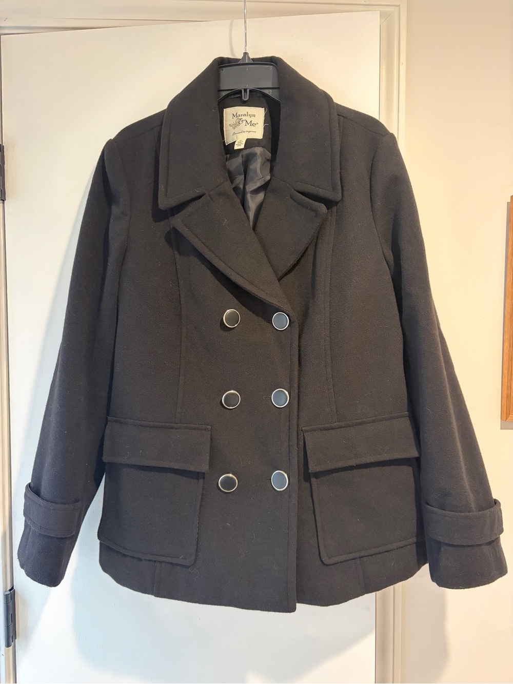 Maralyn & Me Black Double-Breasted Pea Coat with Metal Buttons